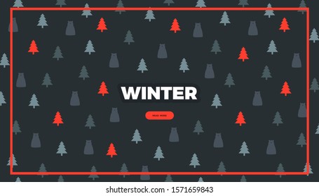 Winter Christmas website template. Retro style vector banner background, cute design with pine trees and polar bears for poster or web page