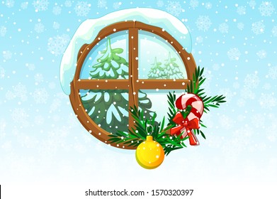 Winter Christmas window with behind which visible Christmas tree. Vector illustration