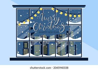 Winter christmas window with a view of the snowy city. Lettering Merry Christmas. Winter holidays design for background, banners or posters. Vector illustration 