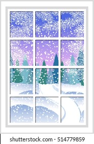 winter Christmas window with a view of the snowy forest. The window behind which visible white Christmas tree branches and wood.