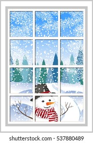 ventana navideña de invierno con vistas al bosque nevado. ventana de invierno con el paisaje y el hombre de nieve.