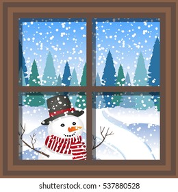 Winter Christmas Window With A View Of The Snowy Forest. Winter Window With The Landscape And Snowman.