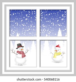 winter Christmas window with a view of the snowy forest. winter window with the landscape and snowman