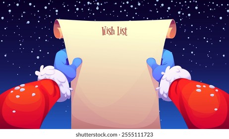 Winter Christmas wishlist in Santa hands for Xmas holiday, cartoon vector background. Santa holding blank wish list scroll with snowflakes for Christmas gifts and kids New Year wishlist or greeting