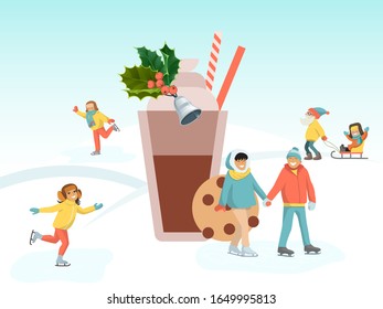 Winter Christmas wonderland with hot cocoa vector illustration. Tiny people walking around big coffee cup with chocolate cookies. Celebration banner with Christmas landscape
