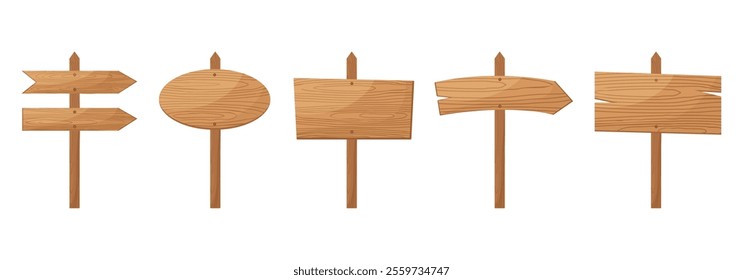 Winter Christmas wooden sign boards. Frames and banners on poles. Arrow, round and rectangular billboards. Road signages. Vector