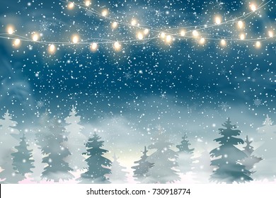 Winter Christmas Woodland Landscape with Falling snow, snowflakes, coniferous forest, light garlands. Holiday winter landscape for Merry Christmas. Winter background. Christmas scene. Vector