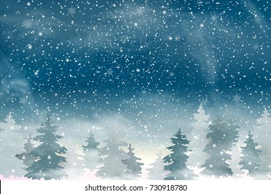 Winter Christmas Woodland Landscape with Fir Trees Silhouettes and Snowflakes. Holiday winter background for Merry Christmas and Happy New Year. Vector illustration