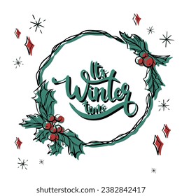 Winter christmas wreath with red berries, poinsettia and branch twigs. Vector illustration. Modern design for Holidays invitation card, poster, banner, greeting card, postcard, packaging, print. 
