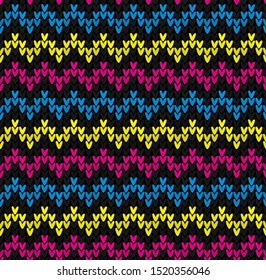Winter Christmas x-mas knit seamless background Knitted pattern. Winter black, pink, yellow, blue wrapping paper wallpaper knitting. Flat style design.