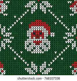 Winter Christmas x-mas knitted seamless abstract background with Santa Claus, snowflakes, snowman. Knitted pattern nordic ornaments. Winter knitting. Scandinavian style design backgrounds, wallpaper