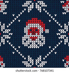 Winter Christmas x-mas knitted seamless abstract background with Santa Claus, snowflakes, snowman. Knitted pattern nordic ornaments. Winter knitting. Scandinavian style design backgrounds, wallpaper