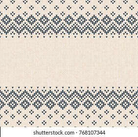 Winter Christmas x-mas knitted seamless abstract background frame and border. Knitted pattern with nordic ornaments snowflakes. Winter knitting. Scandinavian style design for backgrounds, wallpaper