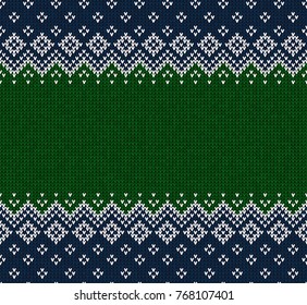 Winter Christmas x-mas knitted seamless abstract background frame and border. Knitted pattern with nordic ornaments snowflakes. Winter knitting. Scandinavian style design for backgrounds, wallpaper