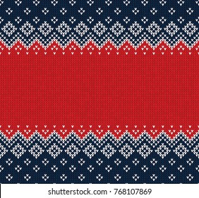 Winter Christmas x-mas knitted seamless abstract background frame and border. Knitted pattern with nordic ornaments snowflakes. Winter knitting. Scandinavian style design for backgrounds, wallpaper