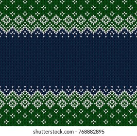 Winter Christmas x-mas knitted seamless abstract background frame and border. Knitted pattern with nordic ornaments snowflakes. Winter knitting. Scandinavian style design for backgrounds, wallpaper