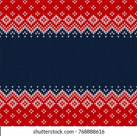 Winter Christmas x-mas knitted seamless abstract background frame and border. Knitted pattern with nordic ornaments snowflakes. Winter knitting. Scandinavian style design for backgrounds, wallpaper