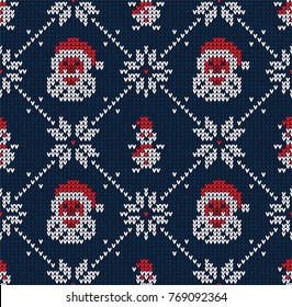 Winter Christmas x-mas knitted seamless abstract background with Santa Claus, snowflakes, snowman. Knitted pattern nordic ornaments. Winter knitting. Scandinavian style design backgrounds, wallpaper