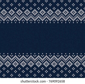 Winter Christmas x-mas knitted seamless abstract background frame and border. Knitted pattern with nordic ornaments snowflakes. Winter knitting. Scandinavian style design for backgrounds, wallpaper