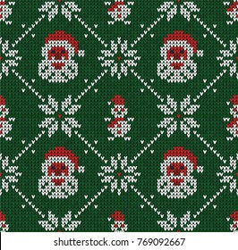 Winter Christmas x-mas knitted seamless abstract background with Santa Claus, snowflakes, snowman. Knitted pattern nordic ornaments. Winter knitting. Scandinavian style design backgrounds, wallpaper