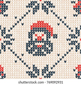 Winter Christmas x-mas knitted seamless abstract background with Santa Claus, snowflakes, snowman. Knitted pattern nordic ornaments. Winter knitting. Scandinavian style design backgrounds, wallpaper