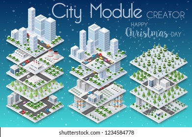 Winter Christmass city isometric with buildings, houses, roads, and cars for a festive background of urban conceptual projects