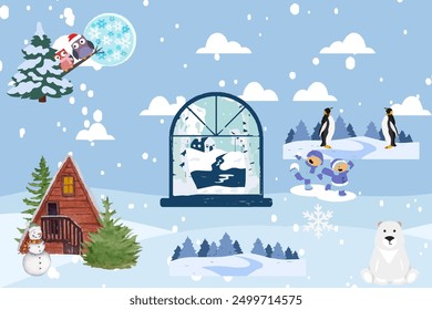 Invierno y Navidad con ventana y nieve, árbol, hielo, cielo azul