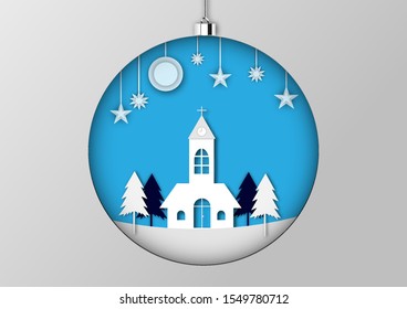 winter churches during the christmas paper cut style and Christmas ball