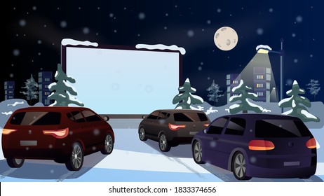 Winter cinema for cars in the open air. Night winter city with cars watching Christmas and New Year movie premieres on a big screen. Parking with snow and trees and a lantern. Vector