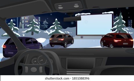 Winter cinema for cars in the open air. Watching Christmas and New Year movie premieres on a big screen from the car. Parking with snow and trees and a lantern. Night winter city. Vector