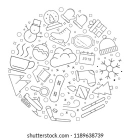 Winter circle background from line icon. Linear vector pattern. Vector illustration