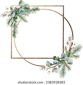 Winter  circle and square decorative golden frames with fir branches, eucalyptus, pine, cotton., watercolor vector illustration. Geometrical golden thin border. Floral invitation, greeting card, postc