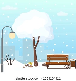 Winter citi landscape with snow tree, bench, street lamp. Wintertime. Vector cartoon flat illustration.