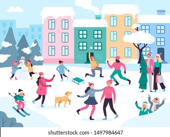 Winter city activities. Snow outdoors people walking, family holidays fun and urban events. Christmas holyday city skiing, new year skating crowd character vector illustration