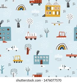 Winter city background. Baby seamless pattern with old and modern buildings, transport, abstract shapes and textures. Perfect for kids fabric, textile, nursery wallpaper. 