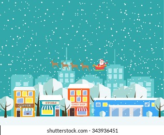 Winter city background with falling snow, buildings, trees, flying Santa sleigh and deers, vector illustration