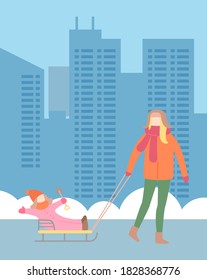 Winter city background. Mother rides child outdoors on sleds. Mom and kid spend time outdoors at nature. Happy family at urban view background, outdoors activity. Cartoon characters in flat style