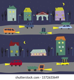 Winter city background. Vector illustration with stylized city, cars, houses and trees in the New Year and Christmas holidays. Design for kids poster, background or card, textile, nursery wallpaper