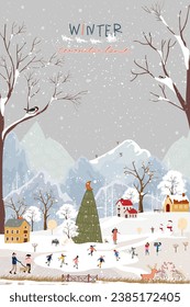 Winter City Background,Christmas ,New year people celebrating on holiday season,Vector Cartoon panorama Winter wonderland in cityscape family happy vacation kids sledding, skiing in outdoor park 