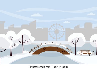 Winter city with a bench, trees, snow, coffee, against the background of multi-storey buildings. Vector illustration in a flat style