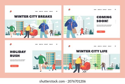 Winter City Breaks Landing Page Template Set. Characters Walking at Cityscape under Falling Snow. Mother with Stroller, Girl with Dog, Student and Businessman. Cartoon People Vector Illustration