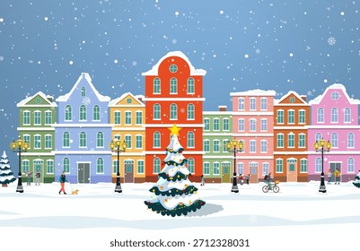 Vector de fondo de edificios de la ciudad de invierno, ilustración de fondo de celebración de Navidad, árbol de Navidad, Personas, nevada colorida, edificios, diseño de Vector