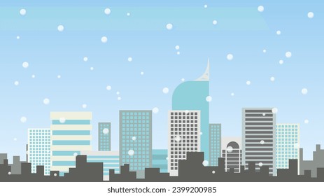 Ilustración vectorial de los edificios de la ciudad de invierno. Antecedentes de la arquitectura urbana, rascacielos, ciudad de invierno, papel pintado de nieve en estilo de diseño plano