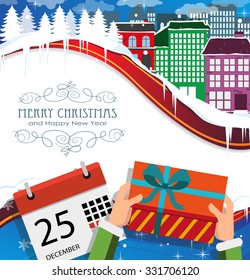 Winter city, Christmas gift and calendar. Merry Christmas and New Year background