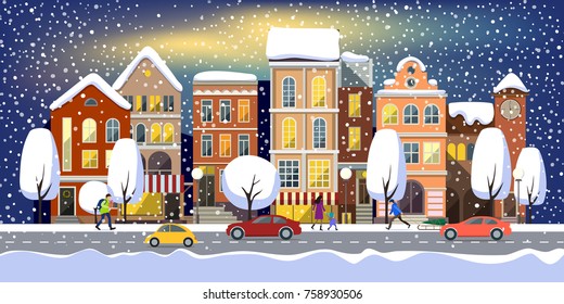 Winter City. Christmas Landscape With People.Vector Illustration. Winter Town.