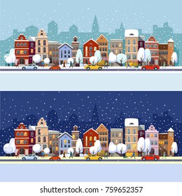 Winter city. Christmas landscape with people.Vector illustration. Winter town.