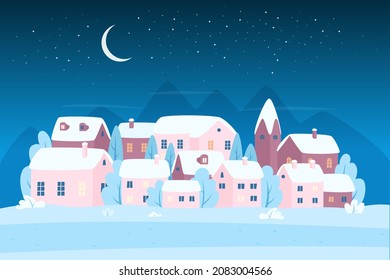 Winter city at Christmas night vector illustration. Cartoon cute urban cityscape scene with snowy village or town under moon in sky and snowfall, happy houses covered with snow and ice background