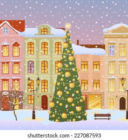 Winter city with christmas tree. Vector