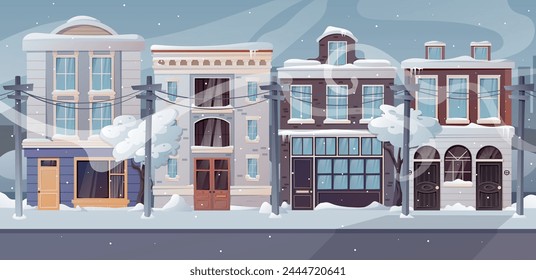 Winter city cold landscape. Suburban multi storey classic buildings, house architecture. Snowdrifts and snowfall. Vector isolated cartoon illustration.