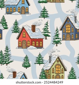 Patrón inconsútil colorido de la ciudad del invierno con la nieve en las casas de los tejados y los abetos que crecen en los lados que serpentean las calles Ilustración vectorial